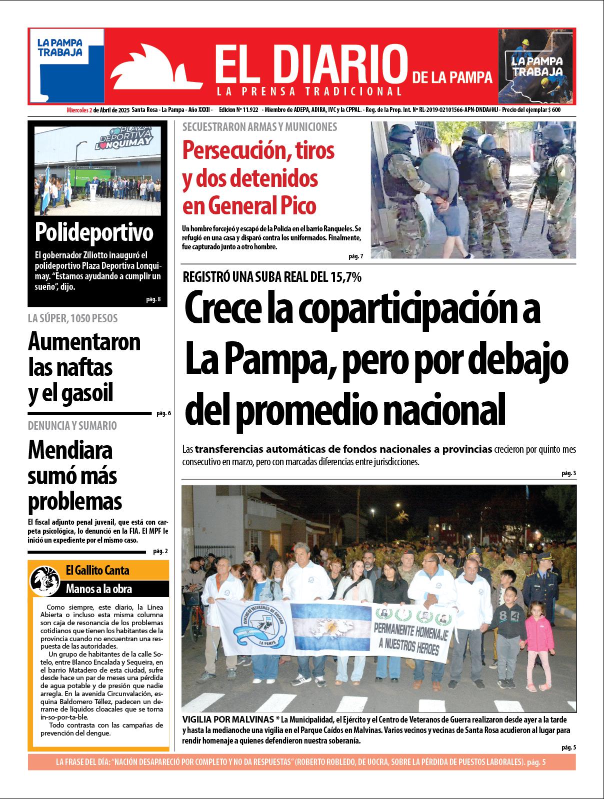 Tapa de El Diario en papel  mieacutercoles 02 de abril de 2025